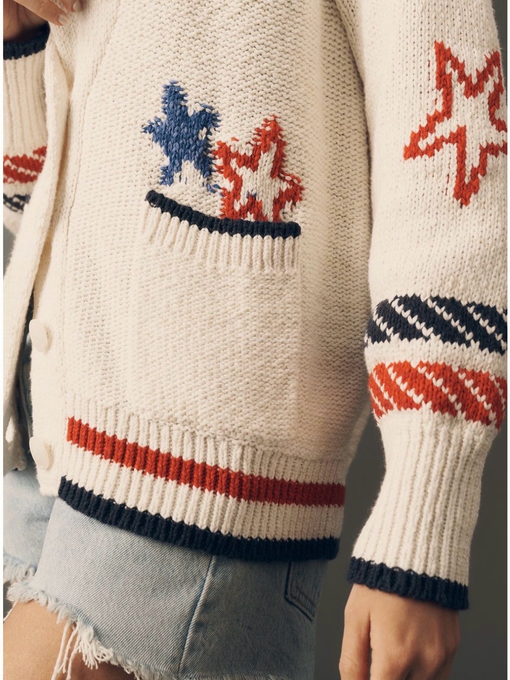 NWT Anthropologie Cream Nautical Sailboat Red & Blue Stars Cozy Cardigan SZ XS - Picture 5 of 16